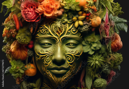 Human Face With Ornamental Fresh Organic Vegetables Blurry Background © Image Lounge