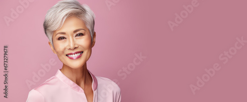 Elegant, smiling, elderly, chic Asian woman with gray hair and perfect skin on pink background banner. photo