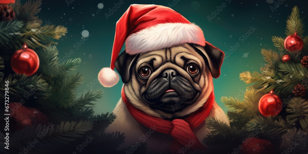 A pug in a Christmas red hat on the background of decorated Christmas trees. New Year greeting card or banner
