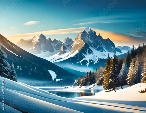 Winter in the mountains, a mountain lake and lots of snow, long exposure, illustration