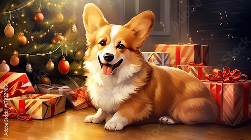 Cute corgi dog on the background with gifts and a festively decorated Christmas tree. New Year greeting card or banner © Юлия Падина