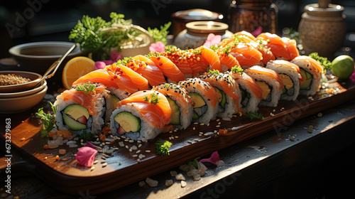 Various Kinds of Sushi Served on Table in Restaurant Blurred Background