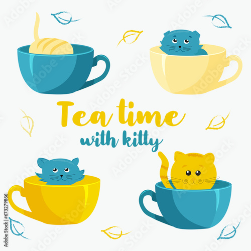 Tea time with cat. Vector image, Flat Template design poster with kittens and cups, international tea day. 