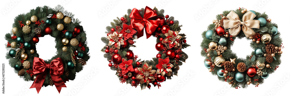 Collection of Christmas fir wreaths with christmas decoration isolated on white background