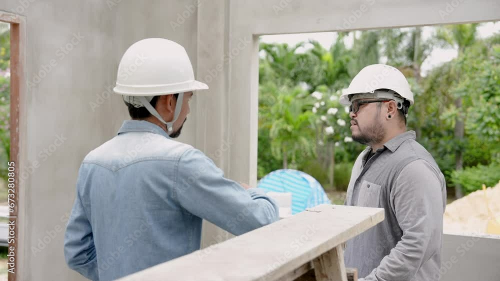 Two Asian men, construction engineers, standing talking in house that is only 50% completed, let's talk about reasons why this happened correct solutions, make customers satisfied with building house. Two Asian men, construction engineers, standing talking in house that is only 50% completed, let's talk about reasons why this happened correct solutions, make customers satisfied with building house.