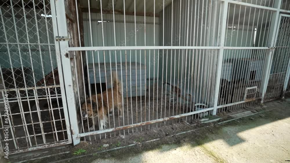 A big sad homeless dog barks in a cage at an animal shelter. Many dogs