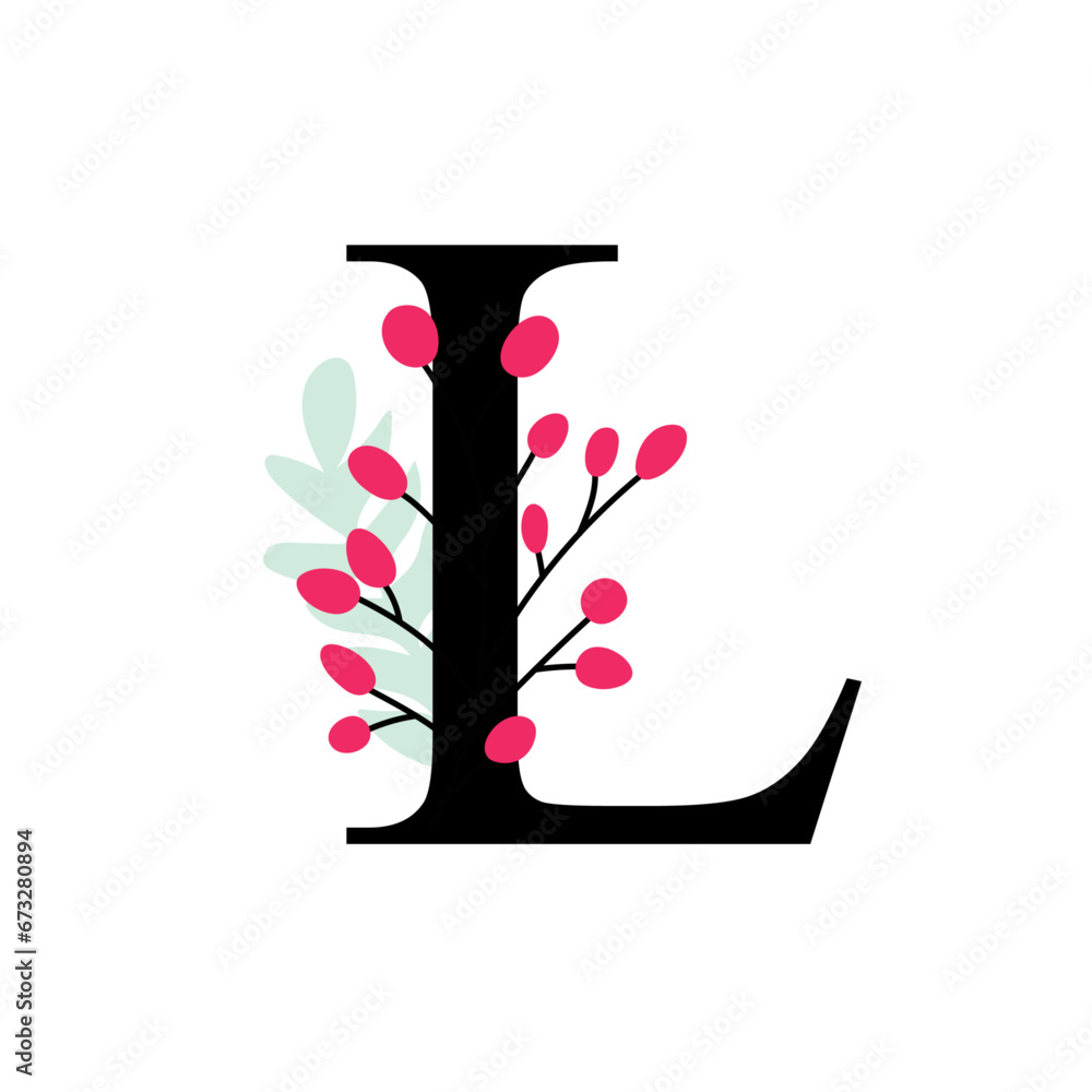 Floral alphabet, letter L with flowers and leaf. For invitations, greeting card, logo, poster and other design. Floral alphabet, letter L with flowers and leaf. For invitations, greeting card, logo, poster and other design.