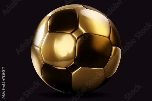 Gold soccer ball on dark background. Illustration of a football with golden components against solid color background. Generative AI
