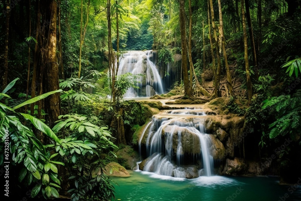 A stunning waterfall surrounded by a lush forest in Erawan Waterfall, Kanchanaburi, Thailand. Generative AI