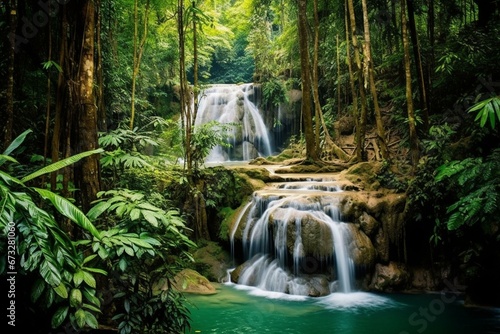 A stunning waterfall surrounded by a lush forest in Erawan Waterfall  Kanchanaburi  Thailand. Generative AI