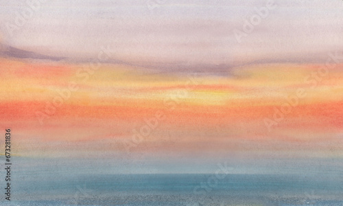 The sunset sky is reflected in the water. Seascape painted with a brush on professional cotton paper..Impressionism watercolor drawing.