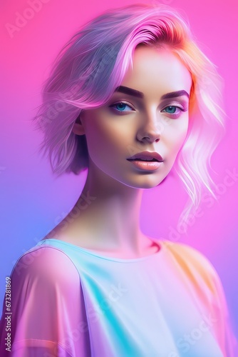 young girl portrait with colorful lights. 3d illustration young girl portrait with colorful lights. 3d illustration portrait of young woman in rainbow color on pink background, beauty fashion concept