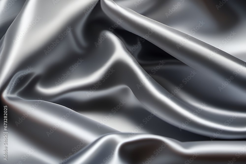 Fototapeta premium Silver satin background. Beautiful soft wavy folds on smooth fabric. Anniversary, Christmas, wedding, valentine, event, celebration concept. Silver luxury background with copy space for design.
