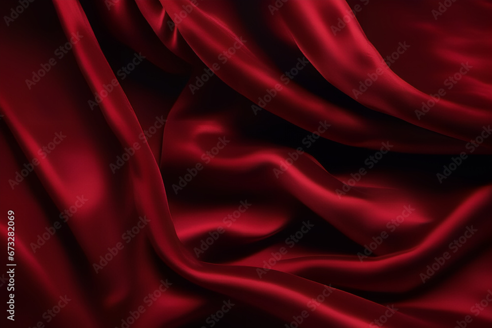 Obraz premium Deep crimson velvet drapes. Beautiful lush cascading folds on opulent fabric. Anniversary, Christmas, wedding, valentine, event, celebration concept. Deep crimson luxury background with copy space.