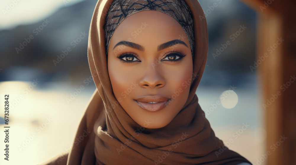Portrait of a beautiful Muslim woman with hijab looking at the camera. Portrait of a beautiful Muslim woman with hijab looking at the camera.