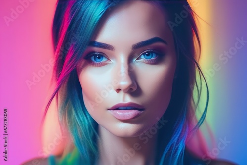 portrait of a young woman with colorful makeup in neon lights portrait of a young woman with colorful makeup in neon lights portrait of beautiful young woman with colorful neon makeup