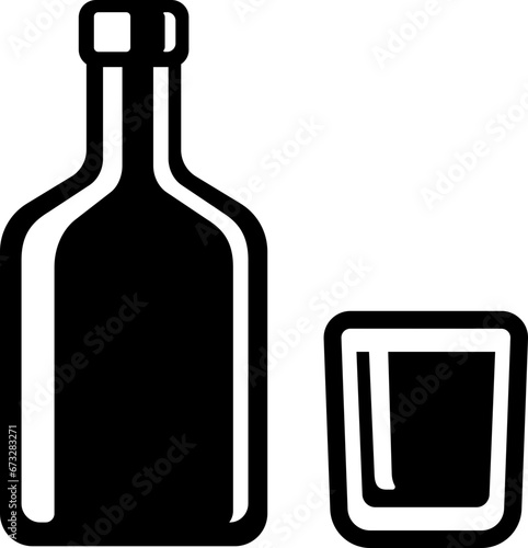 Alcohol bottle and shot glass icon, simple black and white design