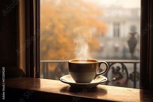 Morning elixir. Aromatic espresso in vintage cup on wooden table in sunrise light. Rustic morning bliss. Sunrise sip