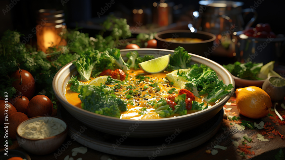 Delicious Thai Curry on A Garnished Bowl on Selective Focus Background