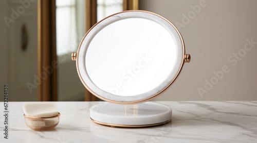 A magnifying makeup mirror with adjustable angles, capturing its utility, resting elegantly on a neutral white surface.