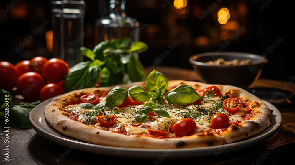 Delicious Cheese Pizza with Red Tomatoes on Wooden Table on Blurry Background Delicious Cheese Pizza with Red Tomatoes on Wooden Table on Blurry Background