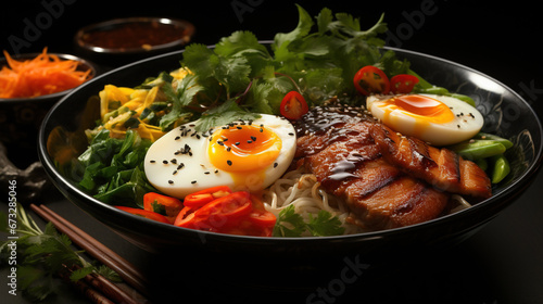 Traditional Classic Barbecued Ramen Dish in Plate on Blurry Background