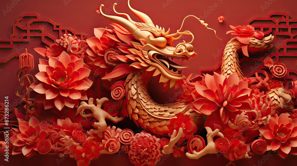 Golden dragon and paper cut plum blossoms. Celebration banner for the Chinese New Year. 2024 is the Year of the Dragon. Golden dragon and paper cut plum blossoms. Celebration banner for the Chinese New Year. 2024 is the Year of the Dragon.