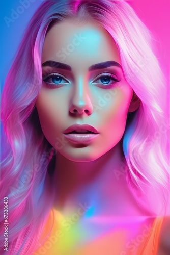 beautiful woman face with colorful makeup beautiful woman face with colorful makeup portrait of young woman with pink lips in blue light pink color