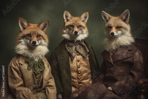 four foxes dressed in old fashioned dresses
