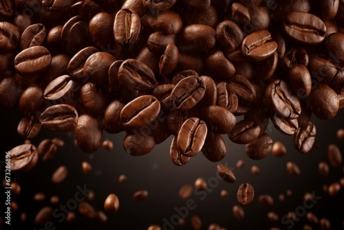 Flying coffee beans background. Close-up brown coffee beans banner. Closeup coffee grains background, Generative AI