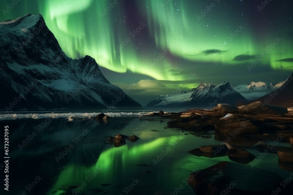 Lofoten Islands: green Northern Lights over mountains, polar lights in night sky, aurora and reflections on water's surface in nighttime win. Generative AI - obrazy, fototapety, plakaty 