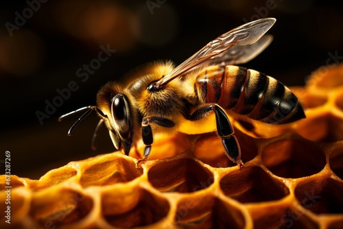 Detailed macro image of a bee collecting honey in a beehive Bee on a honeycomb in a hive, Generative AI © Yash