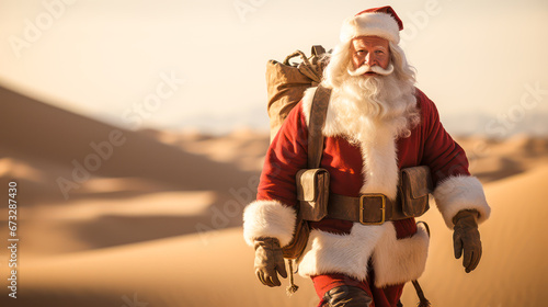 Santa Claus is walking in deset dunes looking at camera photo