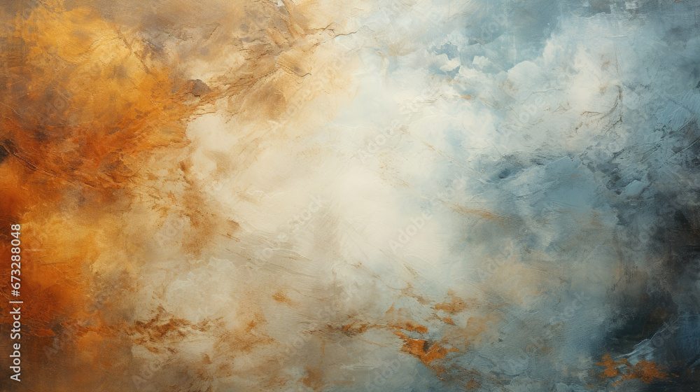 Paint of an oil painting infused with water splashed blue and orange colors, in the style of ethereal cloudscapes - Generative AI