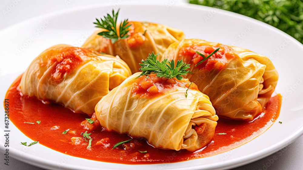 Cabbage Rolls Stuffed with Ground Beef and Rice Served on a White Plate Defocused Background Cabbage Rolls Stuffed with Ground Beef and Rice Served on a White Plate Defocused Background