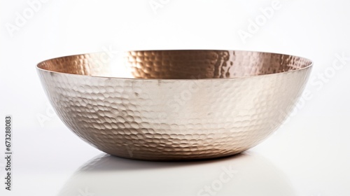 A metallic bowl with a hammered finish, reflecting light to reveal its texture and luster, against a flawless white background.