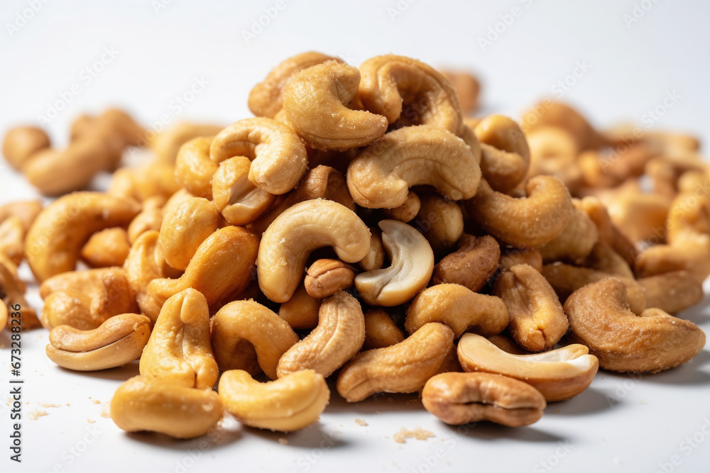 Cashew nuts piled together on a white background Cashew nuts piled together on a white background