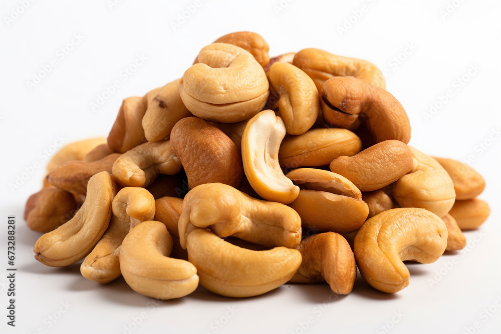 Cashew nuts piled together on a white background Cashew nuts piled together on a white background