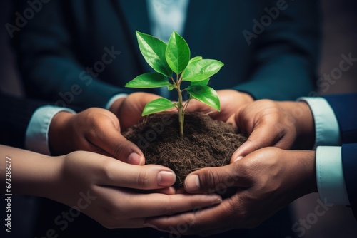Business hands holding green plants together are the symbol of green business company. agriculture and collaboration in a green business. Ecosystem and Organization Development Cooperation.