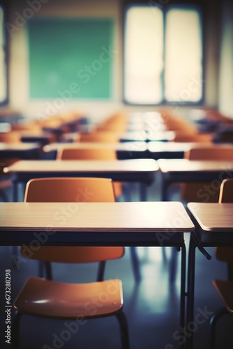 Empty defocused university classroom. Business conference room. Blurred school classroom without students with empty chairs and tables, Generative AI photo