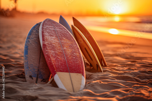 Colorful surfboards on the sand of the beach and the sea in the background. Sunset photo