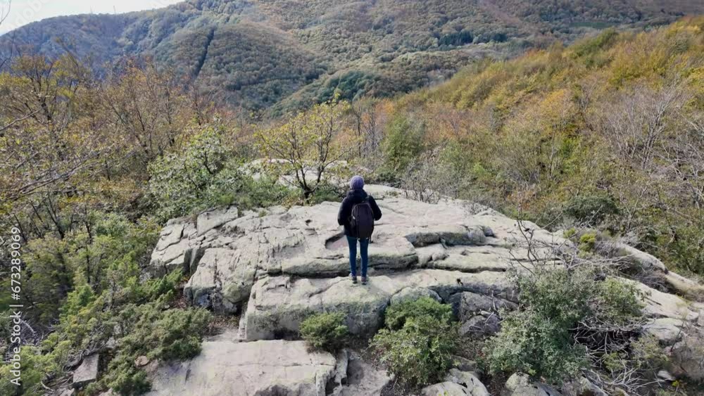 Woman at the summit of a mountain, gazing at the majestic landscape in autumn and winter. Aerial drone view captures the vast, colorful trees. Concept: relaxation, winter, nature's grandeur, Woman at the summit of a mountain, gazing at the majestic landscape in autumn and winter. Aerial drone view captures the vast, colorful trees. Concept: relaxation, winter, nature's grandeur,