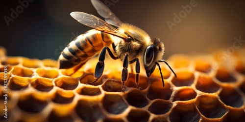 Detailed macro image of a bee collecting honey in a beehive Bee on a honeycomb in a hive, Generative AI photo