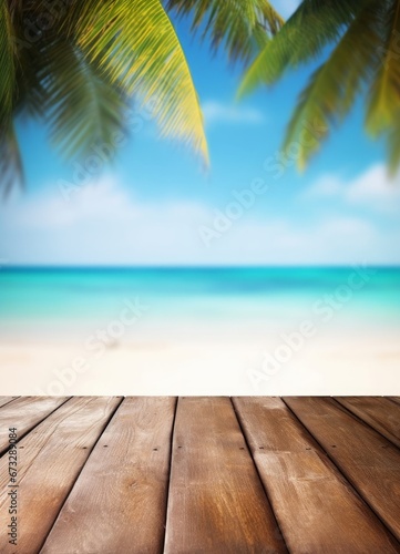 Empty wooden table on a beautiful blured tropical beach background. Summer holiday background for product display, Generative AI © Yash