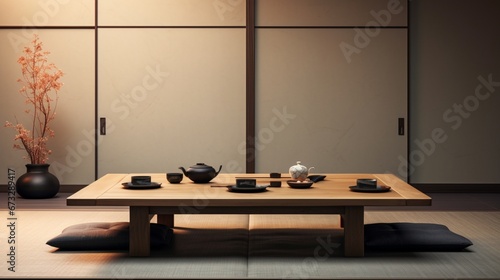 A minimalist Japanese low dining table, set with traditional dishes, bowls, and chopsticks, against a tatami mat floor.
