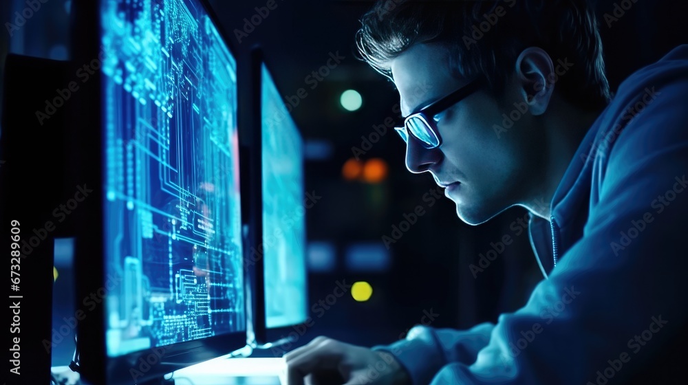Close up male wearing glasses searching for code symbols on monitor computer. Close up male wearing glasses searching for code symbols on monitor computer.