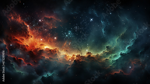 A backdrop of deep space and cosmic nebulas.