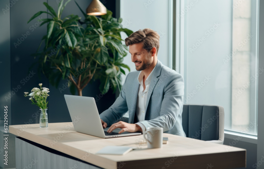 Businessman using a laptop while working late in his office Businessman using a laptop while working late in his office