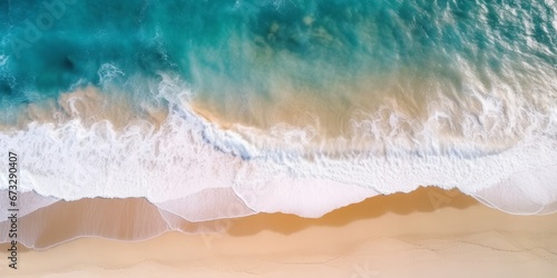 Ocean waves on the beach as a background. Beautiful natural summer vacation holidays background. Aerial top down view of beach and sea with blue water  Generative AI