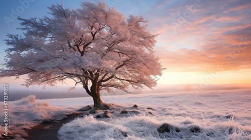A solitary tree cloaked in frost stands amidst a snowy landscape under a pastel sunrise sky.